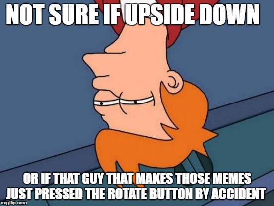 woops  | NOT SURE IF UPSIDE DOWN; OR IF THAT GUY THAT MAKES THOSE MEMES JUST PRESSED THE ROTATE BUTTON BY ACCIDENT | image tagged in memes,futurama fry | made w/ Imgflip meme maker