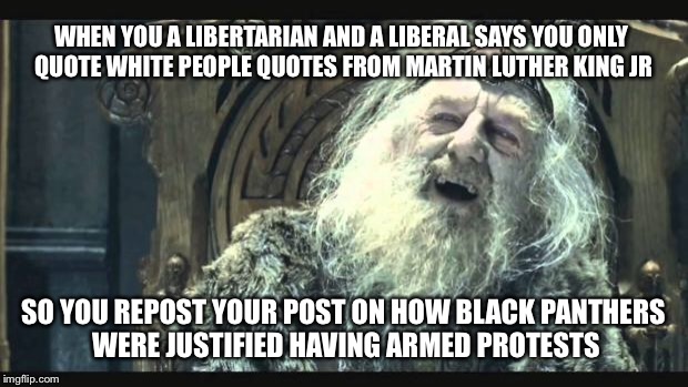 It's all about consistency people... | WHEN YOU A LIBERTARIAN AND A LIBERAL SAYS YOU ONLY QUOTE WHITE PEOPLE QUOTES FROM MARTIN LUTHER KING JR; SO YOU REPOST YOUR POST ON HOW BLACK PANTHERS WERE JUSTIFIED HAVING ARMED PROTESTS | image tagged in you have no power here,gun control,liberals,liberal logic,libertarian | made w/ Imgflip meme maker