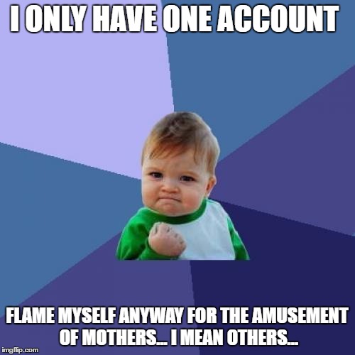 Success Kid Meme | I ONLY HAVE ONE ACCOUNT FLAME MYSELF ANYWAY FOR THE AMUSEMENT OF MOTHERS... I MEAN OTHERS... | image tagged in memes,success kid | made w/ Imgflip meme maker