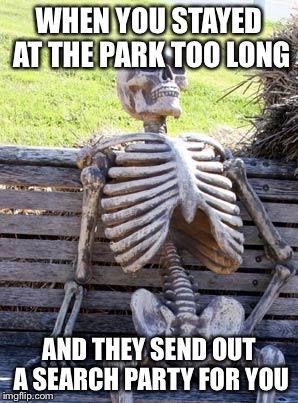 Waiting Skeleton Meme | WHEN YOU STAYED AT THE PARK TOO LONG; AND THEY SEND OUT A SEARCH PARTY FOR YOU | image tagged in memes,waiting skeleton | made w/ Imgflip meme maker