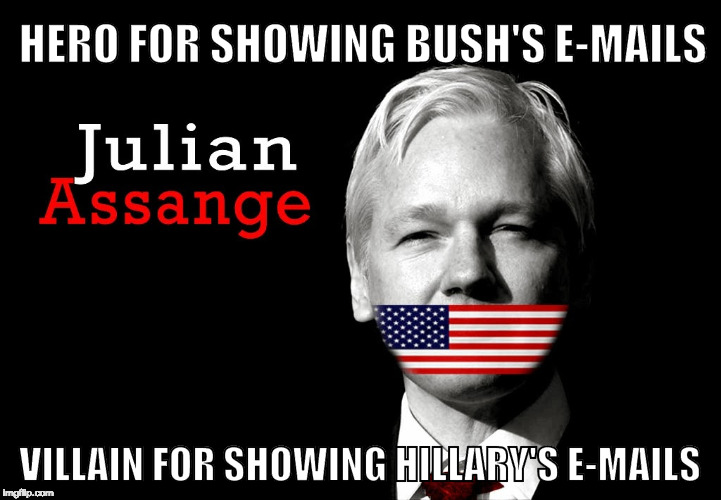 Hypocrite much? |  HERO FOR SHOWING BUSH'S E-MAILS; VILLAIN FOR SHOWING HILLARY'S E-MAILS | image tagged in julian assange 2016,clinton,trump,bernie sanders,wikileaks,bacon | made w/ Imgflip meme maker