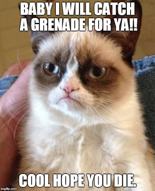 Grumpy Cat | BABY I WILL CATCH A GRENADE FOR YA!! COOL HOPE YOU DIE. | image tagged in memes,grumpy cat | made w/ Imgflip meme maker