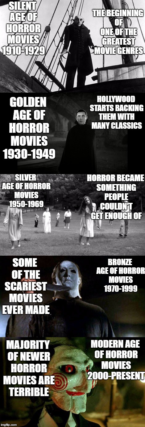 THE BEGINNING OF ONE OF THE GREATEST MOVIE GENRES; SILENT AGE OF HORROR MOVIES 1910-1929; GOLDEN AGE OF HORROR MOVIES 1930-1949; HOLLYWOOD STARTS BACKING THEM WITH MANY CLASSICS; SILVER AGE OF HORROR MOVIES 1950-1969; HORROR BECAME SOMETHING PEOPLE COULDN'T GET ENOUGH OF; SOME OF THE SCARIEST MOVIES EVER MADE; BRONZE AGE OF HORROR MOVIES 1970-1999; MODERN AGE OF HORROR MOVIES 2000-PRESENT; MAJORITY OF NEWER HORROR MOVIES ARE TERRIBLE | image tagged in horror,golden,silent,silver,modern | made w/ Imgflip meme maker