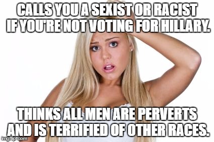 Basic  White Girl | CALLS YOU A SEXIST OR RACIST IF YOU'RE NOT VOTING FOR HILLARY. THINKS ALL MEN ARE PERVERTS AND IS TERRIFIED OF OTHER RACES. | image tagged in basic  white girl | made w/ Imgflip meme maker
