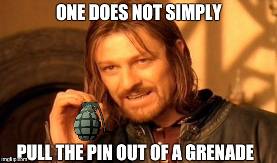 One Does Not Simply Meme | ONE DOES NOT SIMPLY; PULL THE PIN OUT OF A GRENADE | image tagged in memes,one does not simply | made w/ Imgflip meme maker