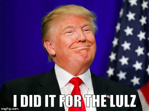 I DID IT FOR THE LULZ | image tagged in trump | made w/ Imgflip meme maker
