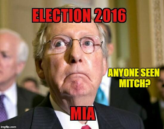 Mitch hasn't had much to say lately, covering his own ass! | ANYONE SEEN MITCH? | image tagged in mitch mcconnell,mia,donald trump,never trump,president 2016,2016 presidential candidates | made w/ Imgflip meme maker