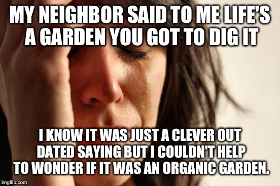 1st world marketing is the source of the problems? | MY NEIGHBOR SAID TO ME LIFE'S A GARDEN YOU GOT TO DIG IT; I KNOW IT WAS JUST A CLEVER OUT DATED SAYING BUT I COULDN'T HELP TO WONDER IF IT WAS AN ORGANIC GARDEN. | image tagged in memes,first world problems | made w/ Imgflip meme maker