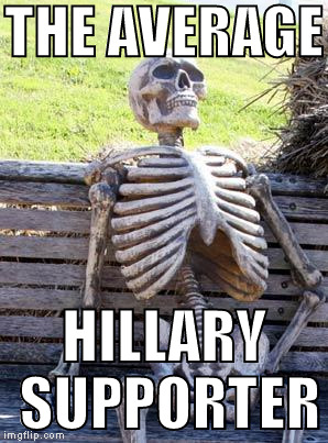 Boneheads | THE AVERAGE; HILLARY SUPPORTER | image tagged in memes,waiting skeleton,biased media,government corruption,donald trump approves,hillary clinton for prison hospital 2016 | made w/ Imgflip meme maker