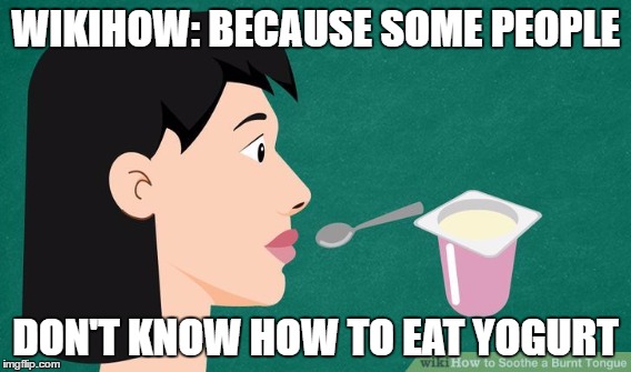 There's A Wiki For That? - Brought To You By Dumb Memes Weekend | WIKIHOW: BECAUSE SOME PEOPLE; DON'T KNOW HOW TO EAT YOGURT | image tagged in dumb meme weekend | made w/ Imgflip meme maker