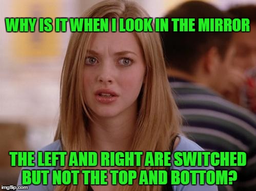 OMG Karen Meme | WHY IS IT WHEN I LOOK IN THE MIRROR; THE LEFT AND RIGHT ARE SWITCHED BUT NOT THE TOP AND BOTTOM? | image tagged in memes,omg karen | made w/ Imgflip meme maker