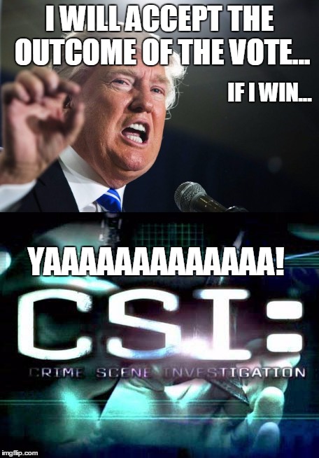 Get out there and vote, otherwise shut up.  | I WILL ACCEPT THE OUTCOME OF THE VOTE... IF I WIN... YAAAAAAAAAAAAA! | image tagged in trump | made w/ Imgflip meme maker