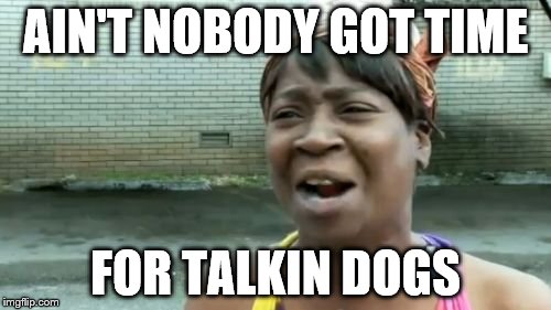 Ain't Nobody Got Time For That | AIN'T NOBODY GOT TIME; FOR TALKIN DOGS | image tagged in memes,aint nobody got time for that | made w/ Imgflip meme maker