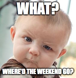 Skeptical Baby Meme | WHAT? WHERE'D THE WEEKEND GO? | image tagged in memes,skeptical baby | made w/ Imgflip meme maker