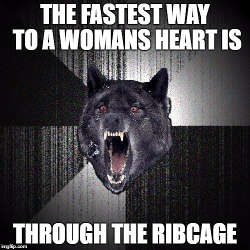 it is kinda true  | THE FASTEST WAY TO A WOMANS HEART IS; THROUGH THE RIBCAGE | image tagged in memes,insanity wolf | made w/ Imgflip meme maker