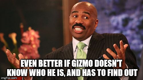 Steve Harvey Meme | EVEN BETTER IF GIZMO DOESN'T KNOW WHO HE IS, AND HAS TO FIND OUT | image tagged in memes,steve harvey | made w/ Imgflip meme maker