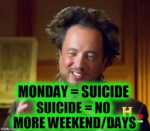 Ancient Aliens Meme | MONDAY = SUICIDE SUICIDE = NO MORE WEEKEND/DAYS | image tagged in memes,ancient aliens | made w/ Imgflip meme maker