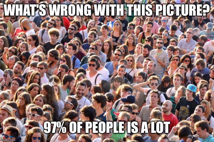 If you get this, you're probably one of the 3% ... | WHAT'S WRONG WITH THIS PICTURE? 97% OF PEOPLE IS A LOT | image tagged in spot grumpy cat,dumb meme week,dumb meme | made w/ Imgflip meme maker