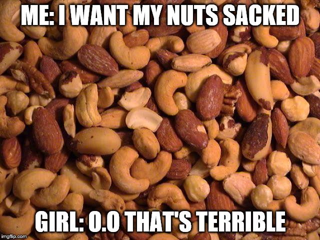 DEEZ NUTS NUTZ | ME: I WANT MY NUTS SACKED; GIRL: O.O THAT'S TERRIBLE | image tagged in deez nuts nutz | made w/ Imgflip meme maker