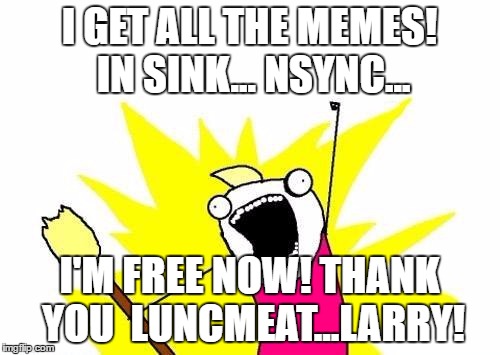 X All The Y Meme | I GET ALL THE MEMES! IN SINK... NSYNC... I'M FREE NOW! THANK YOU  LUNCMEAT...LARRY! | image tagged in memes,x all the y | made w/ Imgflip meme maker