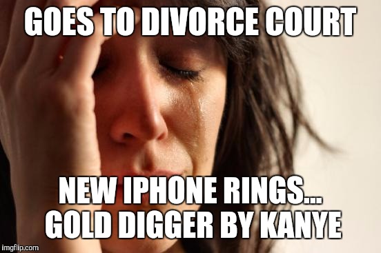 Your Honor im just saying she aint messin with no broke... | GOES TO DIVORCE COURT NEW IPHONE RINGS... GOLD DIGGER BY KANYE | image tagged in memes,first world problems | made w/ Imgflip meme maker