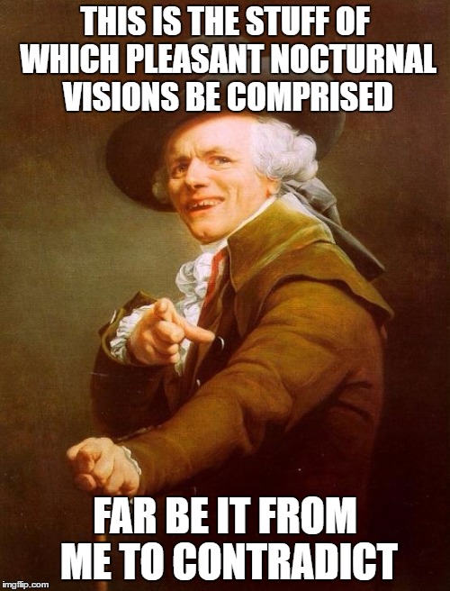 You Writhe Micks | THIS IS THE STUFF OF WHICH PLEASANT NOCTURNAL VISIONS BE COMPRISED; FAR BE IT FROM ME TO CONTRADICT | image tagged in memes,joseph ducreux,song lyrics | made w/ Imgflip meme maker