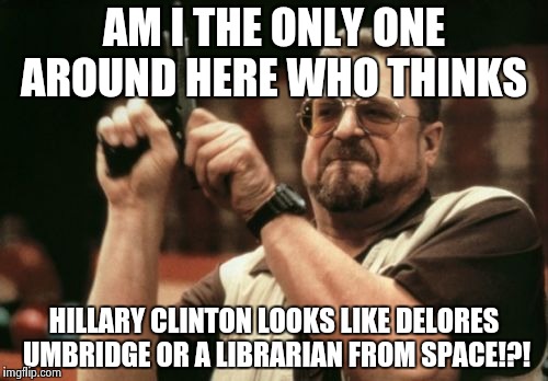 Am I The Only One Around Here Meme | AM I THE ONLY ONE AROUND HERE WHO THINKS; HILLARY CLINTON LOOKS LIKE DELORES UMBRIDGE OR A LIBRARIAN FROM SPACE!?! | image tagged in memes,am i the only one around here | made w/ Imgflip meme maker