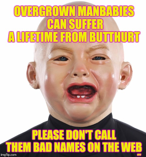 OVERGROWN MANBABIES CAN SUFFER A LIFETIME FROM BUTTHURT PLEASE DON'T CALL THEM BAD NAMES ON THE WEB | OVERGROWN MANBABIES      CAN SUFFER      A LIFETIME FROM BUTTHURT; ,,, PLEASE DON'T CALL  THEM BAD NAMES ON THE WEB | image tagged in meme | made w/ Imgflip meme maker
