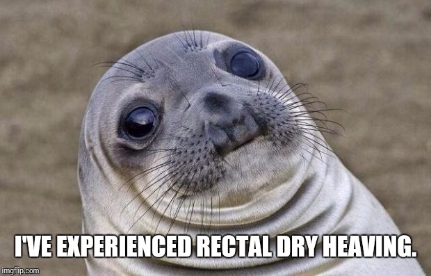 Awkward Moment Sealion Meme | I'VE EXPERIENCED RECTAL DRY HEAVING. | image tagged in memes,awkward moment sealion | made w/ Imgflip meme maker