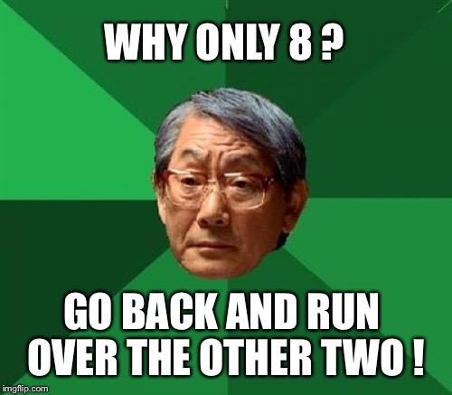 WHY ONLY 8 ? GO BACK AND RUN OVER THE OTHER TWO ! | made w/ Imgflip meme maker