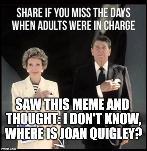 SAW THIS MEME AND THOUGHT: I DON'T KNOW, WHERE IS JOAN QUIGLEY? | image tagged in reagan,humor,political,republican,democrat,funny | made w/ Imgflip meme maker