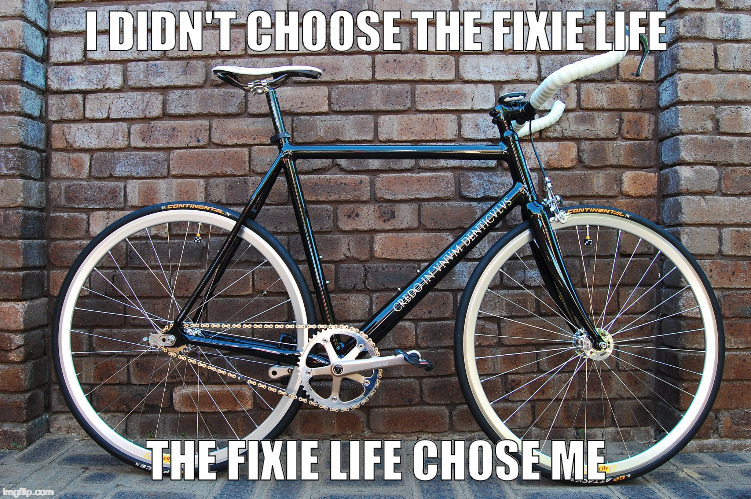 Fixie | I DIDN'T CHOOSE THE FIXIE LIFE; THE FIXIE LIFE CHOSE ME | image tagged in fixed fixie one gear | made w/ Imgflip meme maker