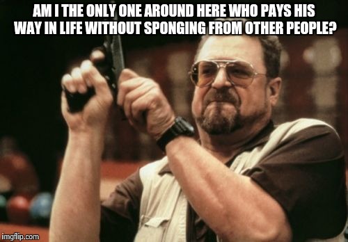 Am I The Only One Around Here | AM I THE ONLY ONE AROUND HERE WHO PAYS HIS WAY IN LIFE WITHOUT SPONGING FROM OTHER PEOPLE? | image tagged in memes,am i the only one around here | made w/ Imgflip meme maker