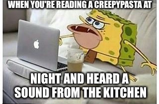 SpongeGar Computer | WHEN YOU'RE READING A CREEPYPASTA AT; NIGHT AND HEARD A SOUND FROM THE KITCHEN | image tagged in spongegar computer | made w/ Imgflip meme maker