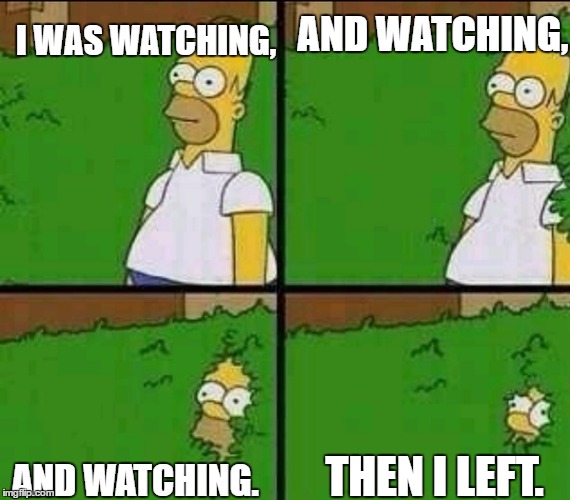 Homer Simpson Nope | AND WATCHING, I WAS WATCHING, THEN I LEFT. AND WATCHING. | image tagged in homer simpson nope | made w/ Imgflip meme maker