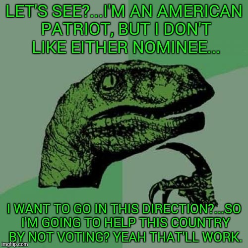 Philosoraptor | LET'S SEE?...I'M AN AMERICAN PATRIOT, BUT I DON'T LIKE EITHER NOMINEE... I WANT TO GO IN THIS DIRECTION?...SO I'M GOING TO HELP THIS COUNTRY BY NOT VOTING? YEAH THAT'LL WORK. | image tagged in memes,philosoraptor | made w/ Imgflip meme maker