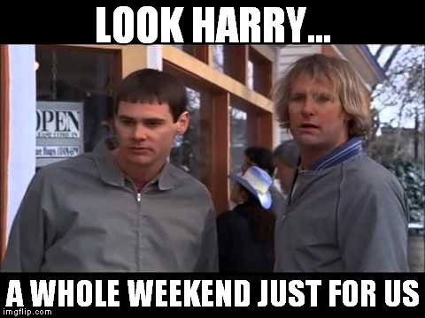 Dumb meme weekend. Lynch1979 Submission #2. | LOOK HARRY... A WHOLE WEEKEND JUST FOR US | image tagged in dumb and dumber he must work out,dumb meme weekend | made w/ Imgflip meme maker