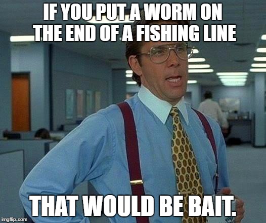Fishing Pun! | IF YOU PUT A WORM ON THE END OF A FISHING LINE; THAT WOULD BE BAIT. | image tagged in memes,that would be great | made w/ Imgflip meme maker