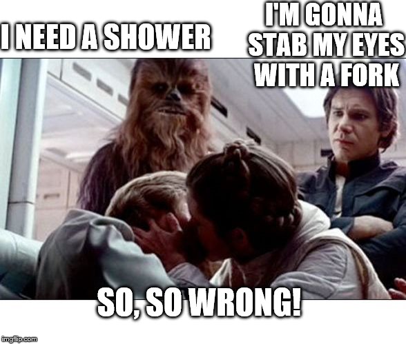 Luke Leia Kiss | I'M GONNA STAB MY EYES WITH A FORK; I NEED A SHOWER; SO, SO WRONG! | image tagged in luke leia kiss | made w/ Imgflip meme maker