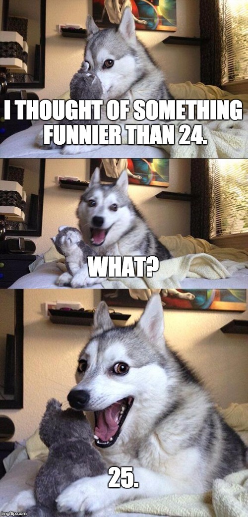 Bad Pun Dog | I THOUGHT OF SOMETHING FUNNIER THAN 24. WHAT? 25. | image tagged in memes,bad pun dog | made w/ Imgflip meme maker