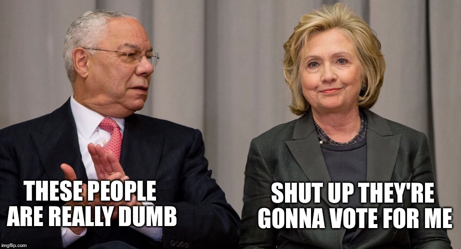 Hillary is getting their votes | SHUT UP THEY'RE GONNA VOTE FOR ME; THESE PEOPLE ARE REALLY DUMB | image tagged in powell and clinton,hillary clinton,dumb meme,memes | made w/ Imgflip meme maker