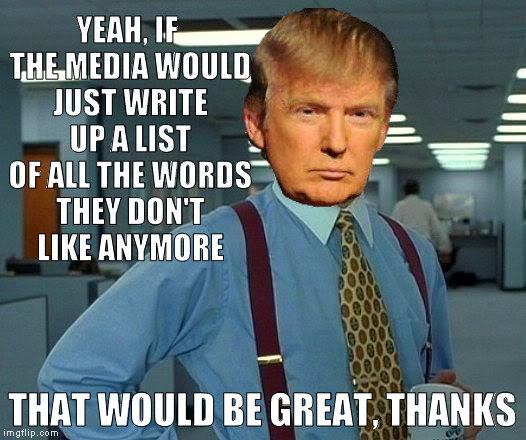 Carlin's list was only 7 words, but the modern media's list is way longer | YEAH, IF THE MEDIA WOULD JUST WRITE UP A LIST OF ALL THE WORDS THEY DON'T LIKE ANYMORE; THAT WOULD BE GREAT, THANKS | image tagged in memes,that would be great,donald trump,biased media,semantics,bad words | made w/ Imgflip meme maker