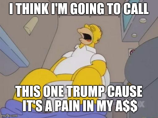 #Sitcalm | I THINK I'M GOING TO CALL; THIS ONE TRUMP CAUSE IT'S A PAIN IN MY A$$ | image tagged in homer simpson toilet,trump,funny memes,meme,simpsons,homer simpson | made w/ Imgflip meme maker