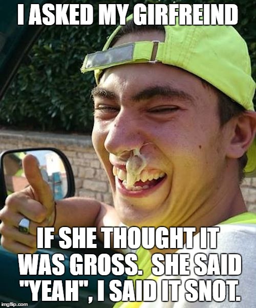 I ASKED MY GIRFREIND IF SHE THOUGHT IT WAS GROSS.  SHE SAID "YEAH", I SAID IT SNOT. | made w/ Imgflip meme maker