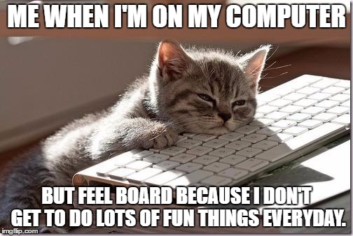 Bored Keyboard Cat | ME WHEN I'M ON MY COMPUTER; BUT FEEL BOARD BECAUSE I DON'T GET TO DO LOTS OF FUN THINGS EVERYDAY. | image tagged in bored keyboard cat | made w/ Imgflip meme maker