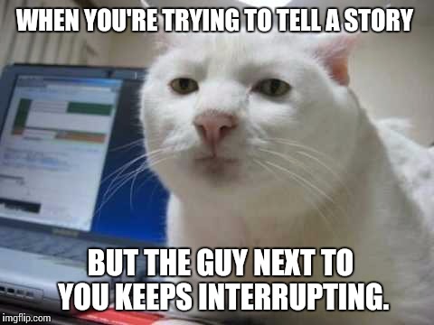 Srs cat | WHEN YOU'RE TRYING TO TELL A STORY; BUT THE GUY NEXT TO YOU KEEPS INTERRUPTING. | image tagged in srs cat | made w/ Imgflip meme maker