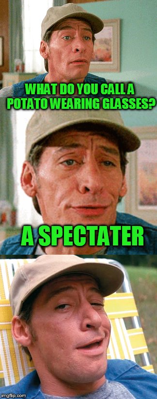 Trying an Ernest P. Worrell template, Hey Vern, know what I mean? | WHAT DO YOU CALL A POTATO WEARING GLASSES? A SPECTATER | image tagged in ernest,know what i mean | made w/ Imgflip meme maker