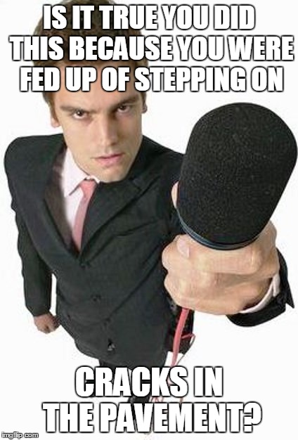 Reporter | IS IT TRUE YOU DID THIS BECAUSE YOU WERE FED UP OF STEPPING ON CRACKS IN THE PAVEMENT? | image tagged in reporter | made w/ Imgflip meme maker