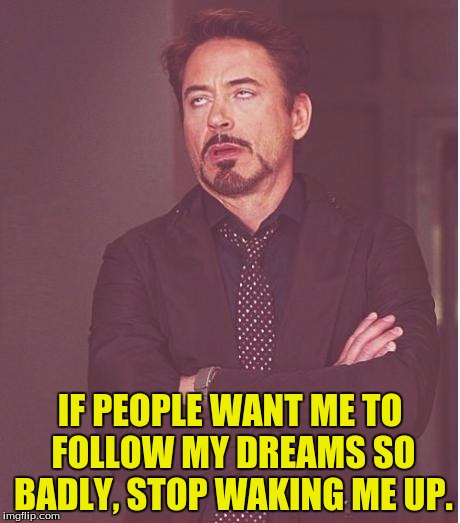 I had a pleasant dream about sleeping. | IF PEOPLE WANT ME TO FOLLOW MY DREAMS SO BADLY, STOP WAKING ME UP. | image tagged in memes,face you make robert downey jr,dreams,sleep,funny memes | made w/ Imgflip meme maker
