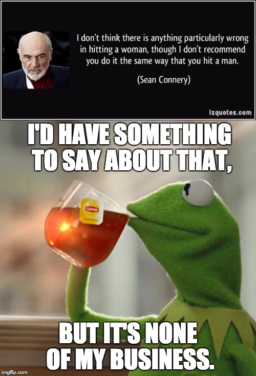 Another dumb meme for "Dumb Meme Weekend" https://imgflip.com/i/1cpvxx for details. | I'D HAVE SOMETHING TO SAY ABOUT THAT, BUT IT'S NONE OF MY BUSINESS. | image tagged in sean connery vs kermit,dumb meme weekend,politically incorrect | made w/ Imgflip meme maker